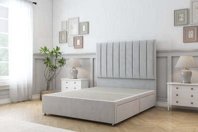 Sloomy Kansas Silver Plush Divan Bed Base 2 Drawers Same Side With 54" Floor Standing Headboard 2'6 Small Single from B&Q
