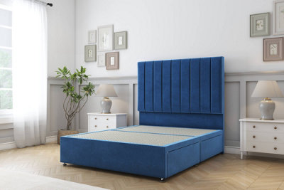 Sloomy Kansas Navy Plush Divan Bed Base 2 Drawers Foot-End With 54" Floor Standing Headboard 6' Super King from B&Q