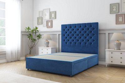Sloomy Mayfair Navy Plush Divan Bed Base 4 Drawers With 26" Strutted Headboard 4' Small Double from B&Q