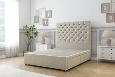 Sloomy Mayfair Cream Plush Divan Bed Base No Drawers With 54" Floor Standing Headboard 4'6 Double from B&Q