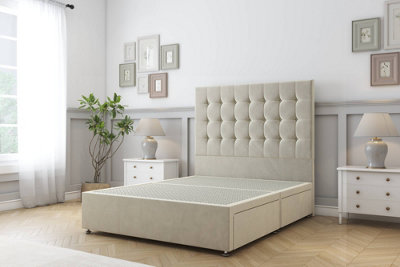 Sloomy Alabama Cream Plush Divan Bed Base 2 Drawers Same Side With 26" Strutted Headboard 5' King from B&Q