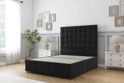 Sloomy Alabama Black Plush Divan Bed Base No Drawers With 54" Floor Standing Headboard 4'6 Double from B&Q