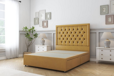 Sloomy Montana Mustard Plush Divan Bed Base 4 Drawers With 26" Strutted Headboard 4'6 Double from B&Q