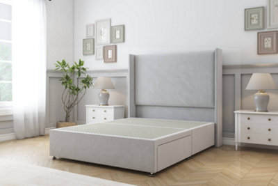 Sloomy Devonshire Silver Plush Divan Bed Base No Drawers With 54" Wingback Headboard 6' Super King from B&Q