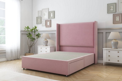 Sloomy Devonshire Pink Plush Divan Bed Base 2 Drawers Foot-End With 54" Wingback Headboard 4'6 Double from B&Q