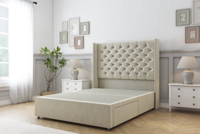 Sloomy Dior Cream Plush Divan Bed Base No Drawers With 54" Wingback Headboard 2'6 Small Single from B&Q