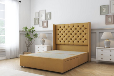 Sloomy Dior Mustard Plush Divan Bed Base No Drawers With 54" Wingback Headboard 2'6 Small Single from B&Q