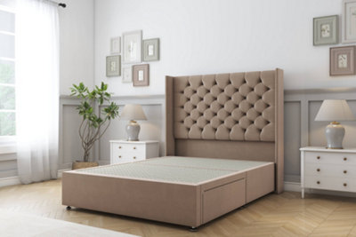 B&Q -  Dior Mink Plush Divan Bed Base No Drawers With 54" Wingback Headboard 4'6 Double