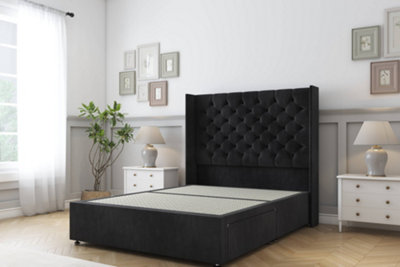 Sloomy Dior Black Naples Divan Bed Base No Drawers With 54" Wingback Headboard 4'6 Double from B&Q