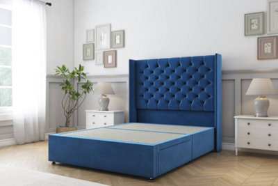Sloomy Dior Navy Plush Divan Bed Base 2 Drawers Foot-End With 54" Wingback Headboard 4' Small Double from B&Q