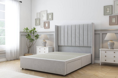 Sloomy Falcon Silver Plush Divan Bed Base No Drawers With 54" Wingback Headboard 4'6 Double from B&Q
