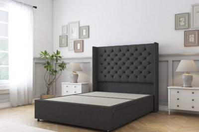 Sloomy Falcon Graphite Dumfries Divan Bed Base No Drawers With 54" Wingback Headboard 4'6 Double from B&Q