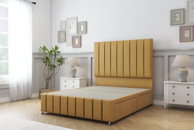 Sloomy California Mustard Plush Divan Bed No Drawers-26" Strutted Headboard 12" Footboard 4' Small Double from B&Q