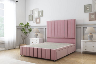 Sloomy California Pink Plush Divan Bed No Drawers-54" Floor Standing Headboard 12" Footboard 4'6 Double from B&Q