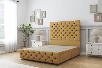 Sloomy Watson Mustard Plush Divan Bed 2 Drawers Right Side-54" Floor Standing Headboard & 12" Footboard 5' King from B&Q