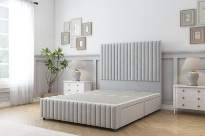 Sloomy Madison Silver Plush Divan Bed No Drawers-26" Strutted Headboard 12" Footboard 4'6 Double from B&Q