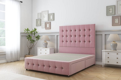 Sloomy Berlin Pink Plush Divan Bed Base No Drawers-26" Strutted Headboard & 12" Footboard 4'6 Double from B&Q