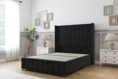 Sloomy Melbourne Black Plush Divan Bed Base No Drawers54" Wingback Headboard & 12" Footboard 2'6 Small Single from B&Q