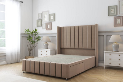 Sloomy Melbourne Mink Plush Divan Bed Base No Drawers54" Wingback Headboard & 12" Footboard 4'6 Double from B&Q
