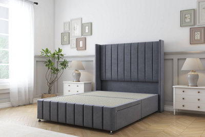 Sloomy Melbourne Steel Plush Divan Bed Base No Drawers54" Wingback Headboard & 12" Footboard 5' King from B&Q