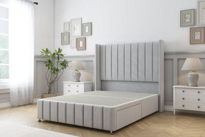 Sloomy Melbourne Silver Plush Divan Bed Base No Drawers54" Wingback Headboard & 12" Footboard 4'6 Double from B&Q