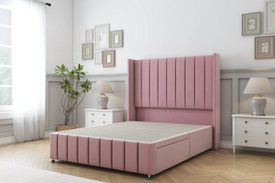 Sloomy Melbourne Pink Plush Divan Bed Base No Drawers54" Wingback Headboard & 12" Footboard 5' King from B&Q