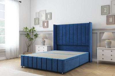 Sloomy Melbourne Navy Plush Divan Bed Base 2 Drawers Foot-End54" Wingback Headboard & 12" Footboard 4'6 Double from B&Q