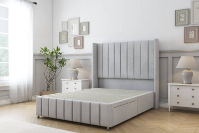 Sloomy Melbourne Silver Naples Divan Bed Base 2 Drawers Foot-End54" Wingback Headboard & 12" Footboard 4'6 Double from B&Q