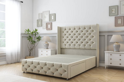 Sloomy Luthor Cream Plush Divan Bed Base No Drawers-54" Wingback Headboard & 12" Footboard 4'6 Double from B&Q