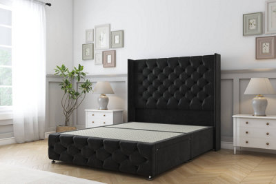 Sloomy Luthor Black Plush Divan Bed Base No Drawers-54" Wingback Headboard & 12" Footboard 4'6 Double from B&Q