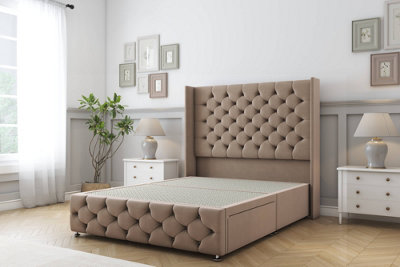 Sloomy Luthor Mink Plush Divan Bed Base No Drawers-54" Wingback Headboard & 12" Footboard 5' King from B&Q