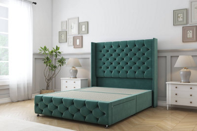 Sloomy Luthor Emerald Plush Divan Bed Base No Drawers-54" Wingback Headboard & 12" Footboard 4' Small Double from B&Q