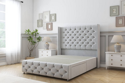 Sloomy Luthor Silver Plush Divan Bed Base No Drawers-54" Wingback Headboard & 12" Footboard 5' King from B&Q