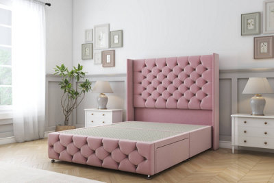 Sloomy Luthor Pink Plush Divan Bed Base No Drawers-54" Wingback Headboard & 12" Footboard 4'6 Double from B&Q