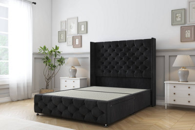 Sloomy Luthor Black Naples Divan Bed Base No Drawers-54" Wingback Headboard & 12" Footboard 4'6 Double from B&Q