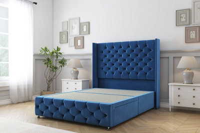 Sloomy Luthor Navy Plush Divan Bed Base 2 Drawers Foot-End-54" Wingback Headboard & 12" Footboard 6' Super King from B&Q