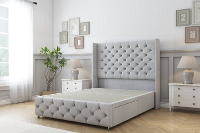 Sloomy Luthor Silver Naples Divan Bed Base 2 Drawers Foot-End-54" Wingback Headboard & 12" Footboard 5' King from B&Q