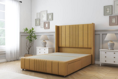 Sloomy Hargrave Mustard Plush Divan Bed Base No Drawers-54" Wingback Headboard & 12" Footboard 3' Single from B&Q