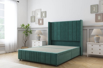 Sloomy Hargrave Emerald Plush Divan Bed Base No Drawers-54" Wingback Headboard & 12" Footboard 5' King from B&Q