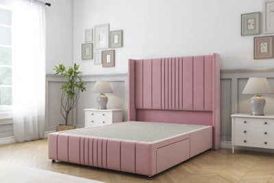 Sloomy Hargrave Pink Plush Divan Bed Base No Drawers-54" Wingback Headboard & 12" Footboard 5' King from B&Q