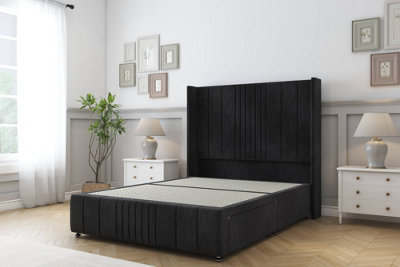 Sloomy Hargrave Black Naples Divan Bed Base No Drawers-54" Wingback Headboard & 12" Footboard 2'6 Small Single from B&Q