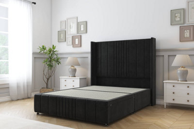 Sloomy Hargrave Black Plush Divan Bed Base 2 Drawers Foot-End-54" Wingback Headboard & 12" Footboard 6' Super King from B&Q
