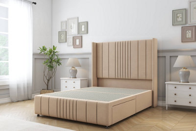 Sloomy Hargrave Pebble Plush Divan Bed Base 2 Drawers Foot-End-54" Wingback Headboard & 12" Footboard 4'6 Double from B&Q