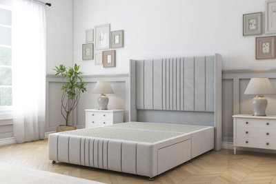 Sloomy Hargrave Silver Plush Divan Bed Base 2 Drawers Foot-End-54" Wingback Headboard & 12" Footboard 4' Small Double from B&Q