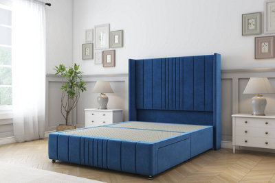 Sloomy Hargrave Navy Plush Divan Bed Base 2 Drawers Foot-End-54" Wingback Headboard & 12" Footboard 6' Super King from B&Q