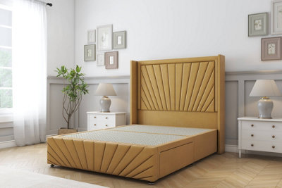 Sloomy Rutherford Mustard Plush Divan Bedno Drawers54" Wingback Headboard & 12"footboard 4'6 Double from B&Q