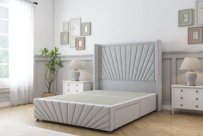Sloomy Rutherford Silver Plush Divan Bedno Drawers54" Wingback Headboard & 12"footboard 4'6 Double from B&Q