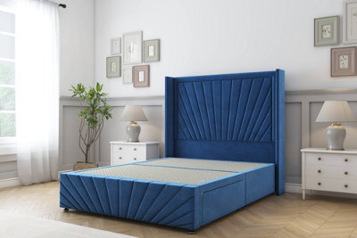 Sloomy Rutherford Navy Plush Divan Bedno Drawers54" Wingback Headboard & 12"footboard 2'6 Small Single from B&Q