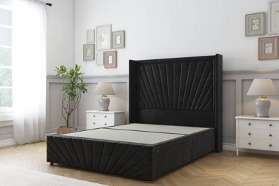 B&Q -  Rutherford Black Plush Divan Bed2 Drawers Foot-End54" Wingback Headboard & 12"footboard 4'6 Double