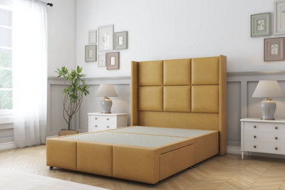Sloomy Beaumont Mustard Plush Divan Bed Base No Drawers54" Wingback Headboard & 12" Footboard 4'6 Double from B&Q